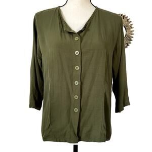 NWOT Vintage Orchid Lane Olive Green Button Up Blouse Women Size S/M 3/4 Sleeve